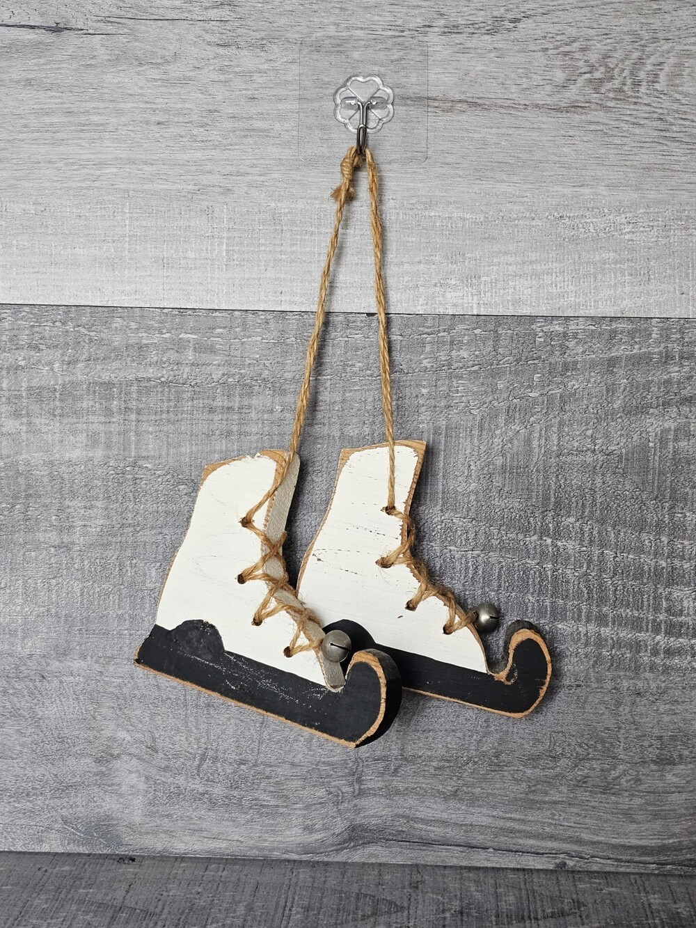Pair of Wooden Ice Skates with Bells Rustic Christmas Ornament Country 250a